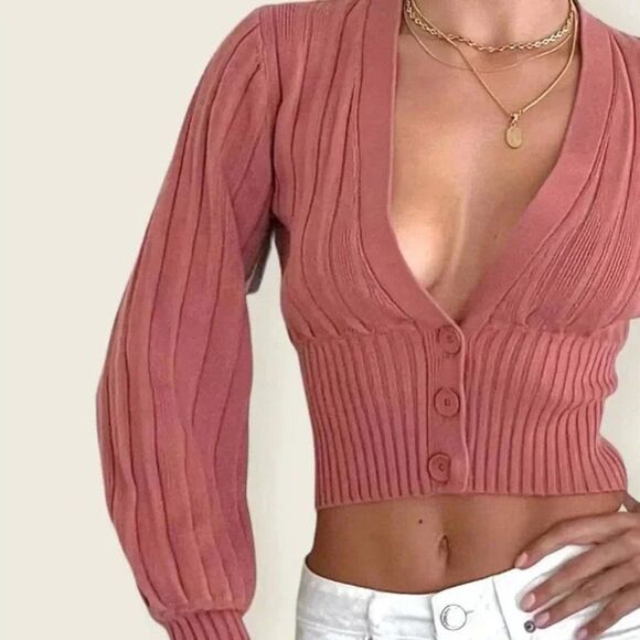 Aritzia Wilfred Plunge Cropped Cardigan Size S - Wide Ripped Pleated Mauve Pink - Picture 1 of 9